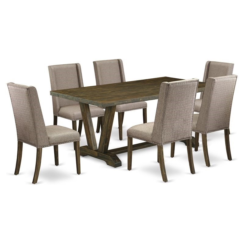 East West Furniture V-Style 7-piece Wood Kitchen Table Set in Dark Khaki Brown