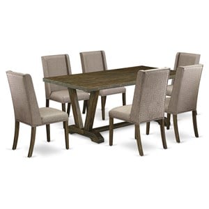 East West Furniture V-Style 7-piece Wood Kitchen Table Set in Dark Khaki Brown