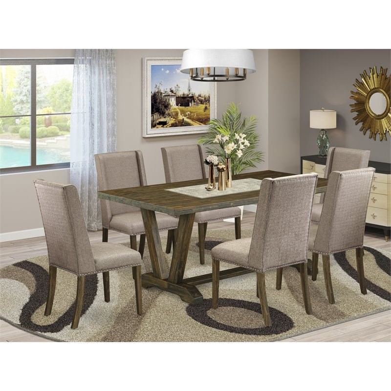 East West Furniture V-Style 7-piece Wood Kitchen Table Set in Dark Khaki Brown