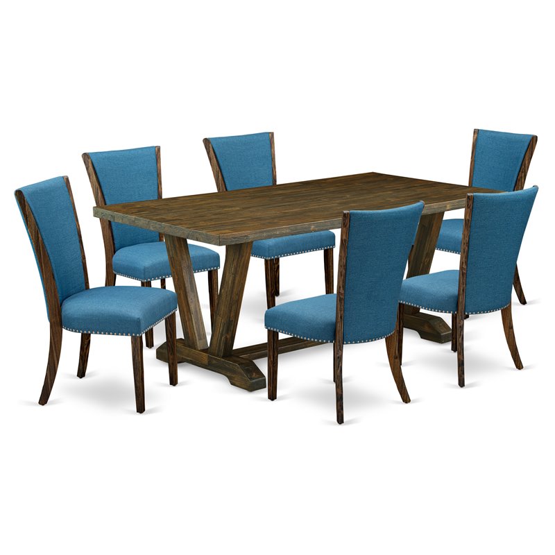 East West Furniture V-Style 7-piece Wood Dining Set in Brown/Blue