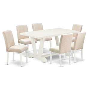 East West Furniture V-Style 7-piece Wood Dining Set in Linen White/Light Beige