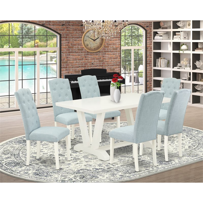 East West Furniture V-Style 7-piece Wood Dining Set in Linen White/Baby Blue