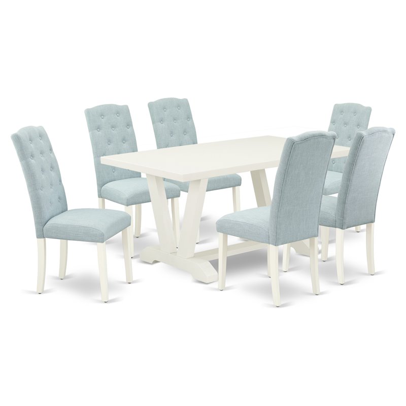 East West Furniture V-Style 7-piece Wood Dining Set in Linen White/Baby Blue
