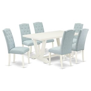 East West Furniture V-Style 7-piece Wood Dining Set in Linen White/Baby Blue