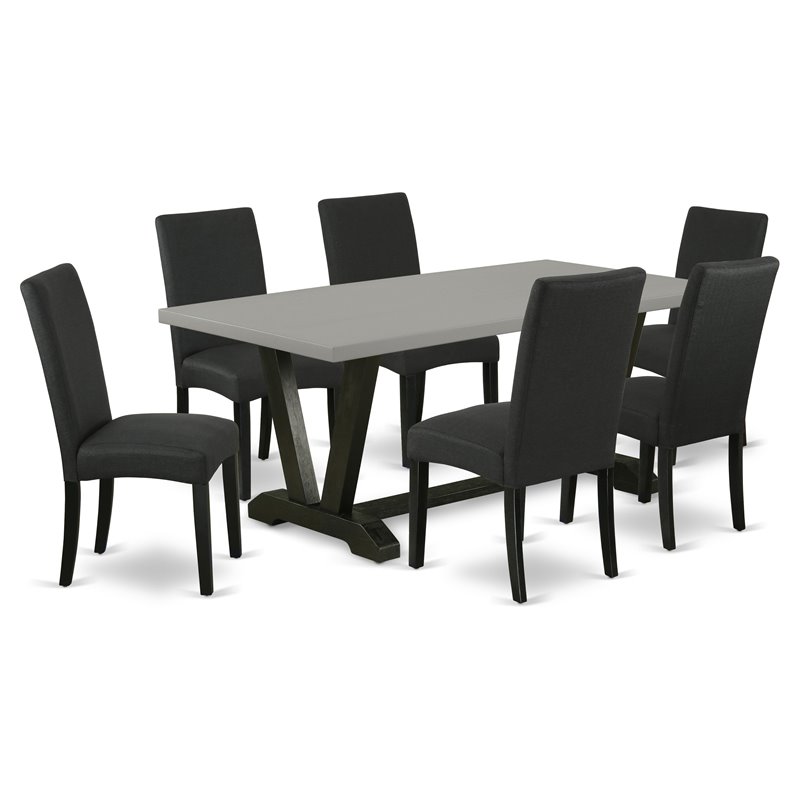 East West Furniture V-Style 7-piece Dining Table Set with Linen Chairs in Black