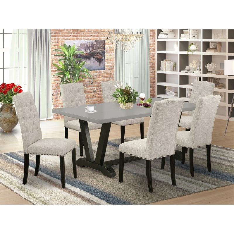 East West Furniture V-Style 7-piece Dining Set w/ Linen Seat in Khaki Brown