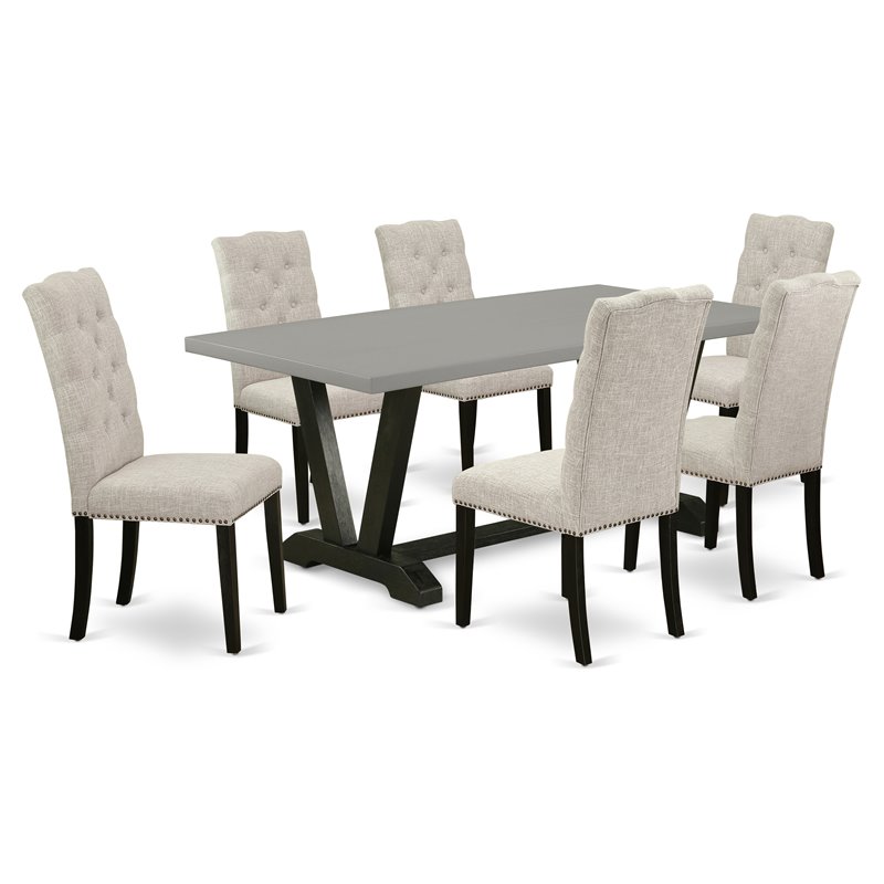 East West Furniture V-Style 7-piece Dining Set w/ Linen Seat in Khaki Brown