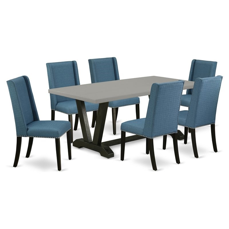 East West Furniture V-Style 7-piece Wood Dining Set in Mineral Blue