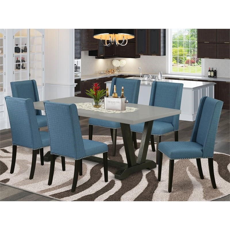 East West Furniture V-Style 7-piece Wood Dining Set in Mineral Blue