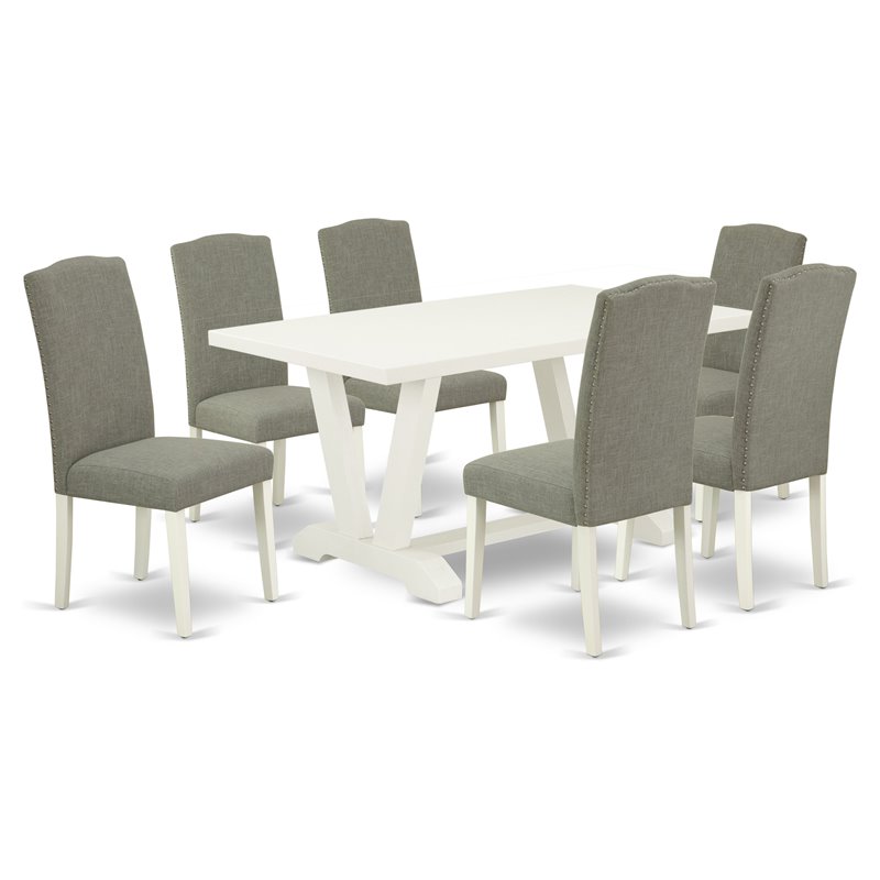East West Furniture V-Style 7-piece Dining Table Set in White/Dark Shitake