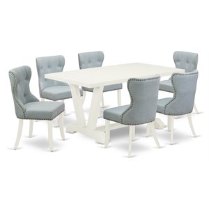 East West Furniture V-Style 7-piece Wood Dinette Set in Linen White/Baby Blue