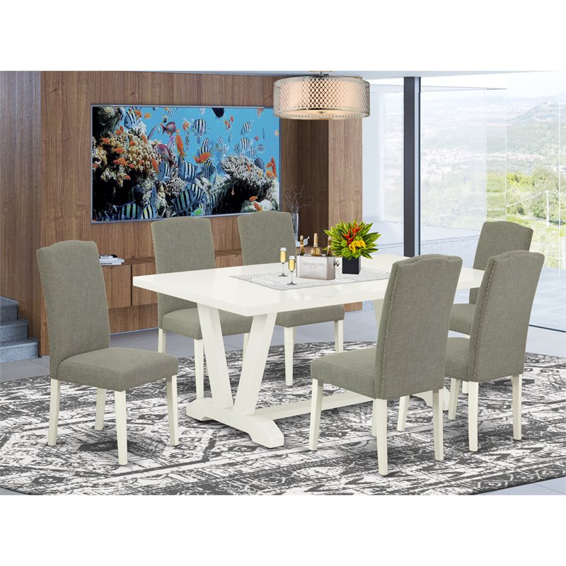 East West Furniture V-Style 7-piece Wood Dining Table Set in White/Shitake