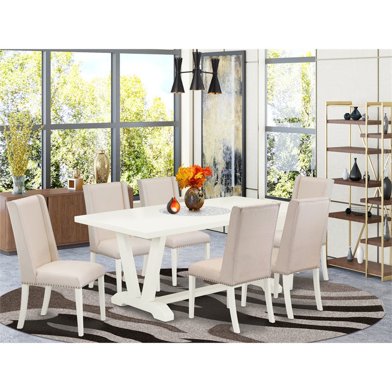 East West Furniture V-Style 7-piece Wood Dining Set in Linen White/Cream