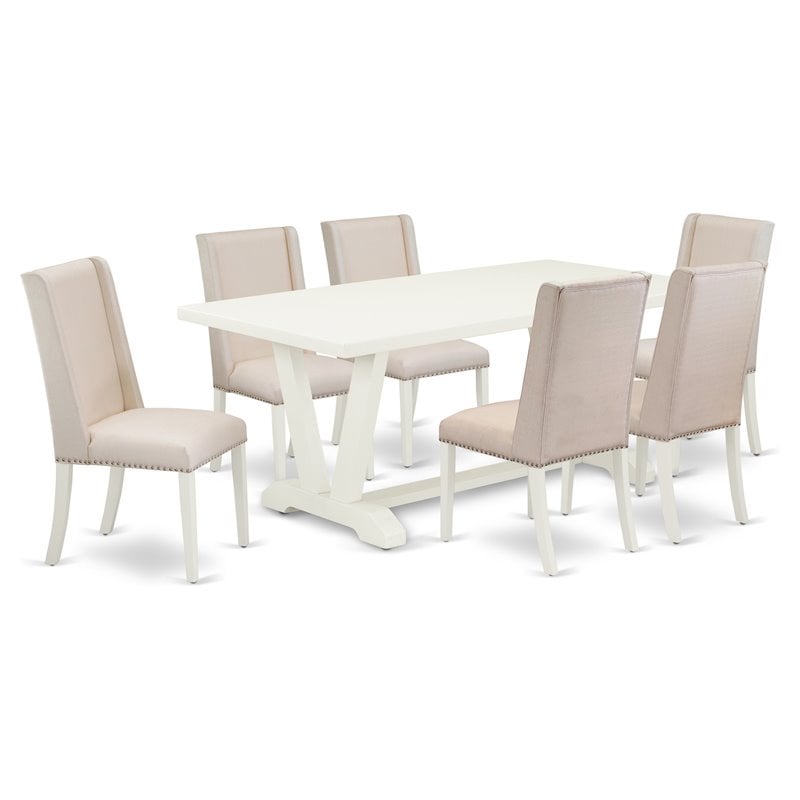 East West Furniture V-Style 7-piece Wood Dining Set in Linen White/Cream