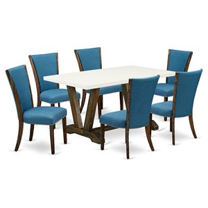 East West Furniture V-Style 7-piece Wood Dining Set in Linen White/Blue/Jacobean