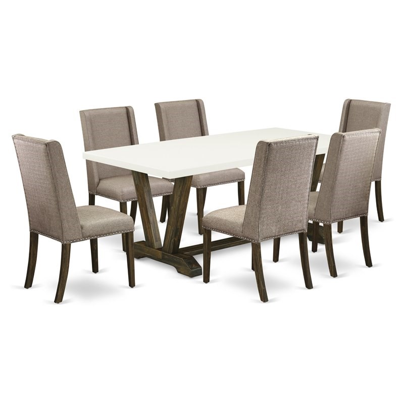 East West Furniture V-Style 7-piece Kitchen Table and Chairs in Dark Khaki Brown