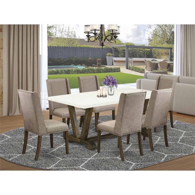 East West Furniture V-Style 7-piece Kitchen Table and Chairs in Dark Khaki Brown