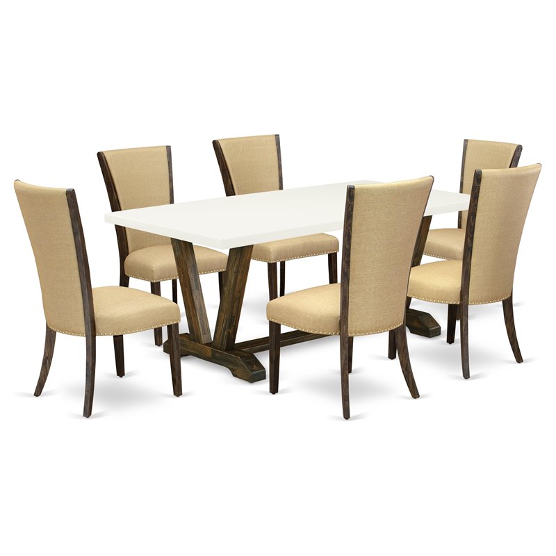 East West Furniture V-Style 7-piece Wood Dining Table Set in Linen White