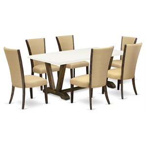 East West Furniture V-Style 7-piece Wood Dining Table Set in Linen White