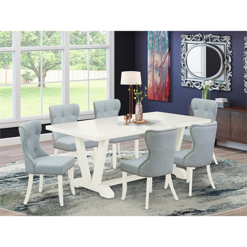 East West Furniture V-Style 7-piece Wood Dinette Set in White/Baby Blue
