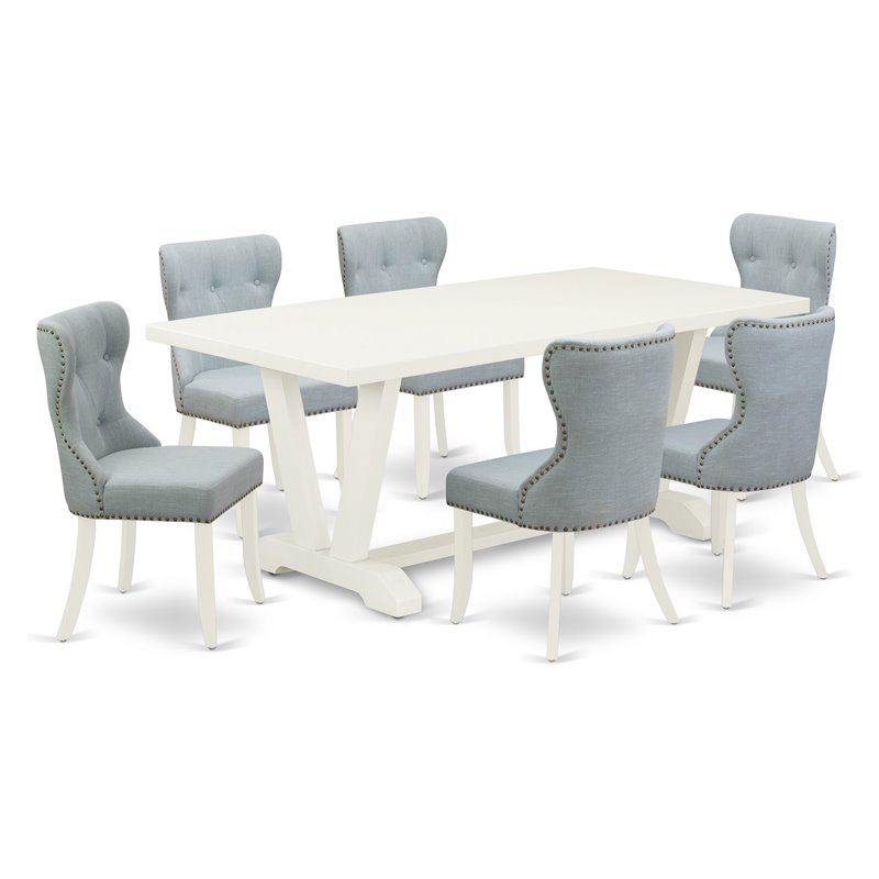 East West Furniture V-Style 7-piece Wood Dinette Set in White/Baby Blue