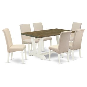 East West Furniture V-Style 7-piece Wood Dining Table Set in Linen White/Cream
