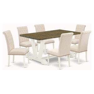 East West Furniture V-Style 7-piece Wood Dining Table Set in White/Light Beige