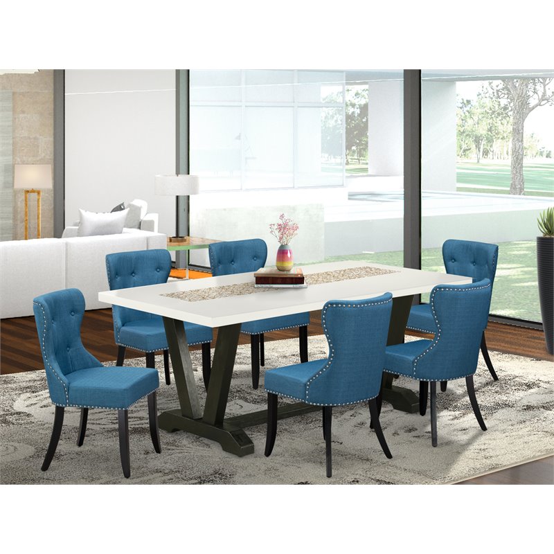 East West Furniture V-Style 7-piece Wood Dinette Set in White/Black