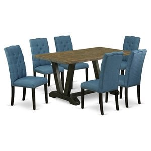 East West Furniture V-Style 7-piece Dining Room Table Set in Black/Mineral Blue