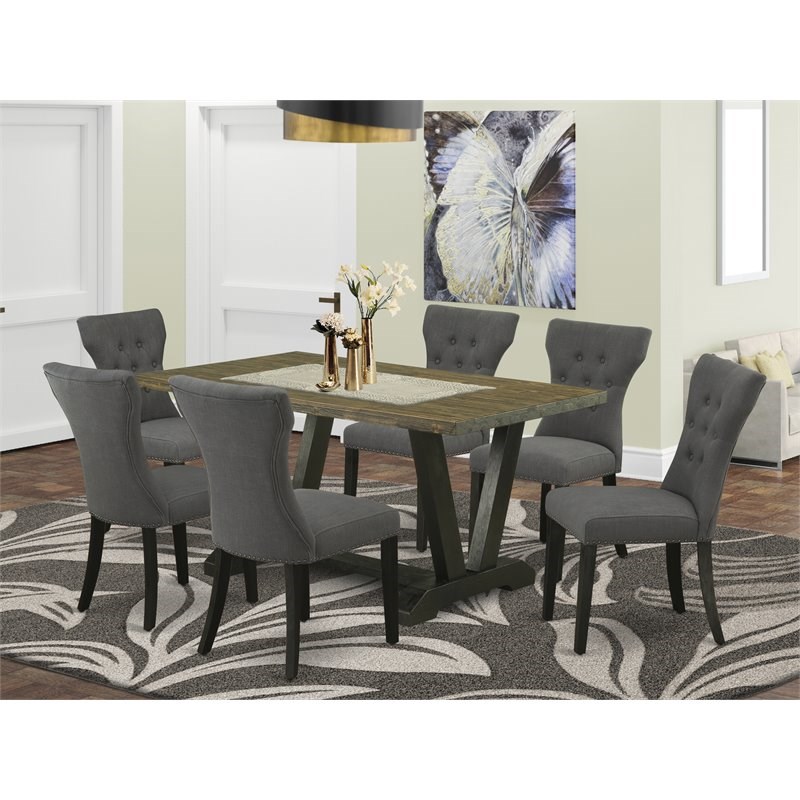 East West Furniture V-Style 7-piece Dining Room Table Set in Dark Gotham Gray