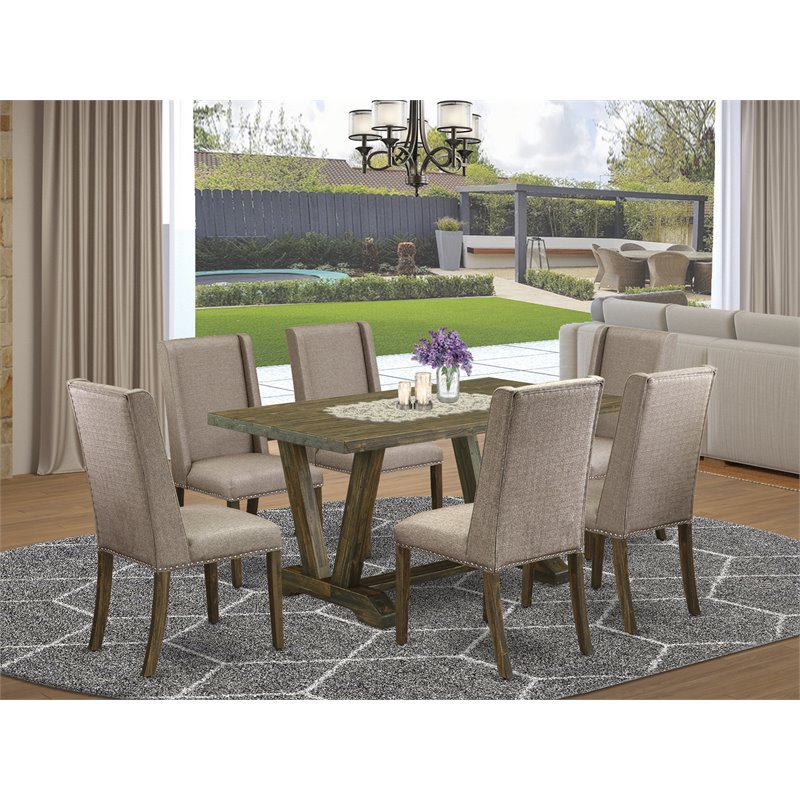 East West Furniture V-Style 7-piece Dining Room Table Set in Dark Khaki Brown