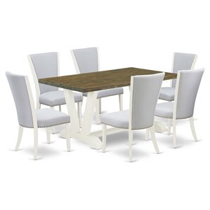 East West Furniture V-Style 7-piece Wood Dining Set in Linen White/Jacobean/Gray