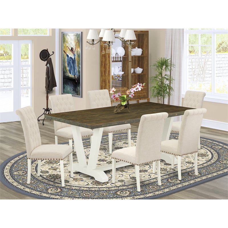 East West Furniture V-Style 7-piece Wood Dining Room Set in White/Light Beige