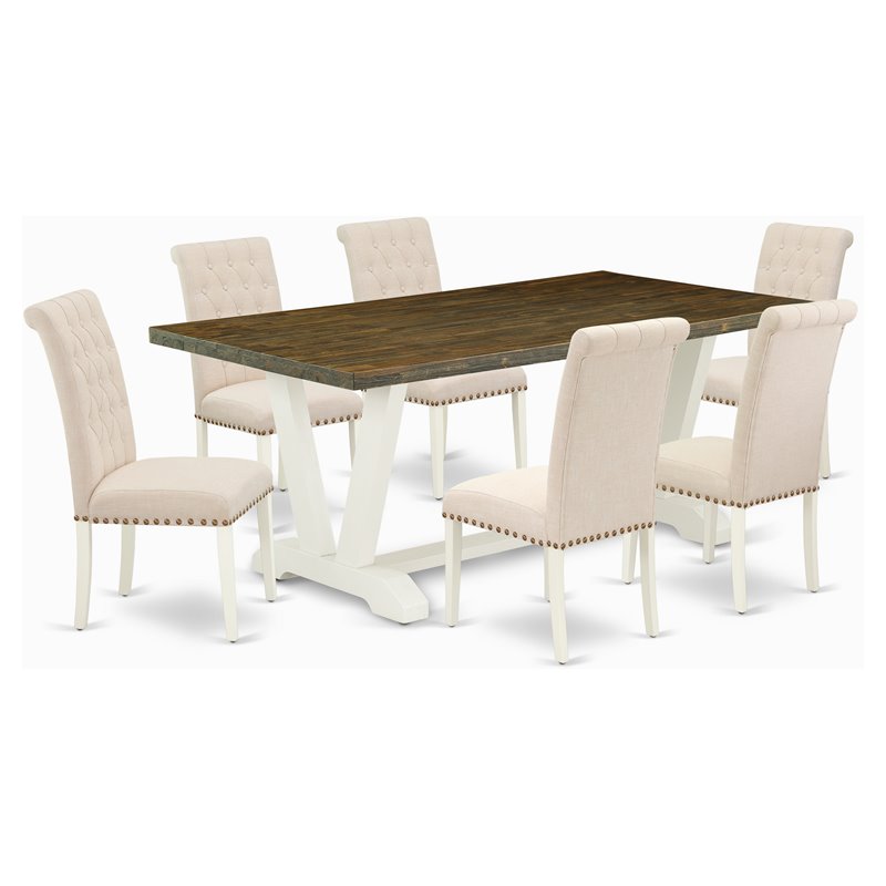 East West Furniture V-Style 7-piece Wood Dining Room Set in White/Light Beige