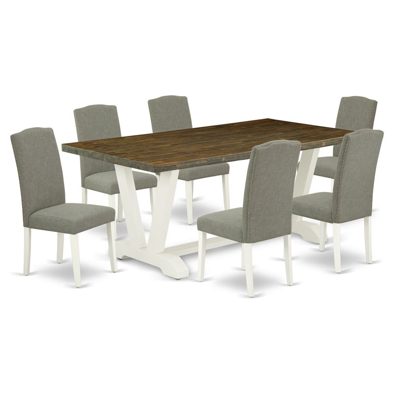 East West Furniture V-Style 7-piece Dining Room Table Set in White/Dark Shitake