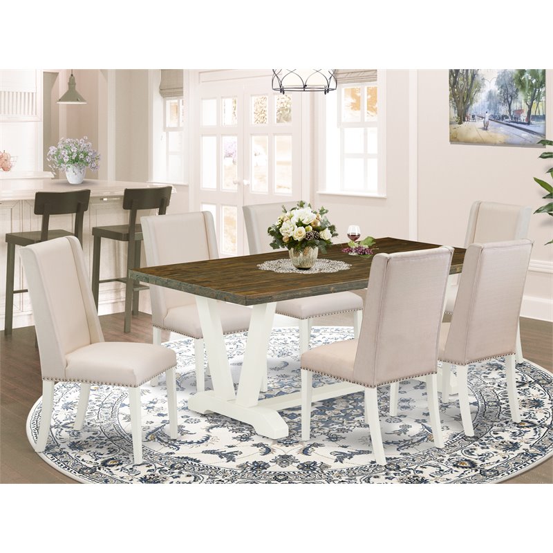 East West Furniture V-Style 7-piece Wood Dining Room Set in Linen White/Cream