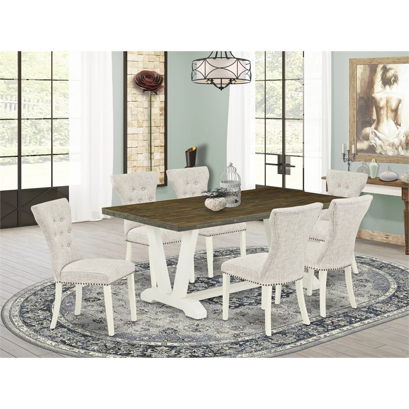 East West Furniture V-Style 7-piece Wood Dinette Set in Linen White/Doeskin