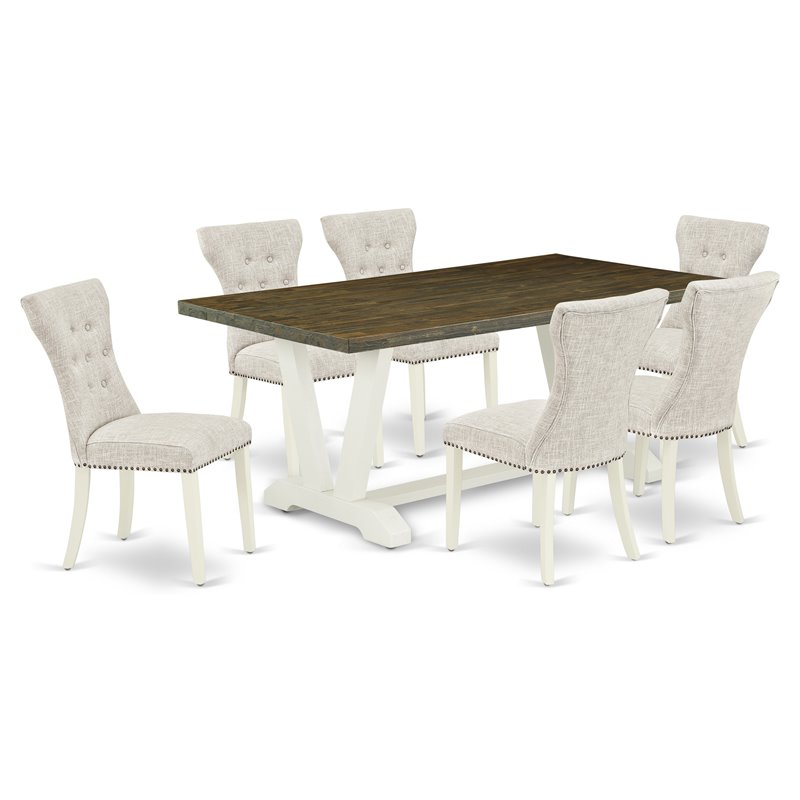 East West Furniture V-Style 7-piece Wood Dinette Set in Linen White/Doeskin