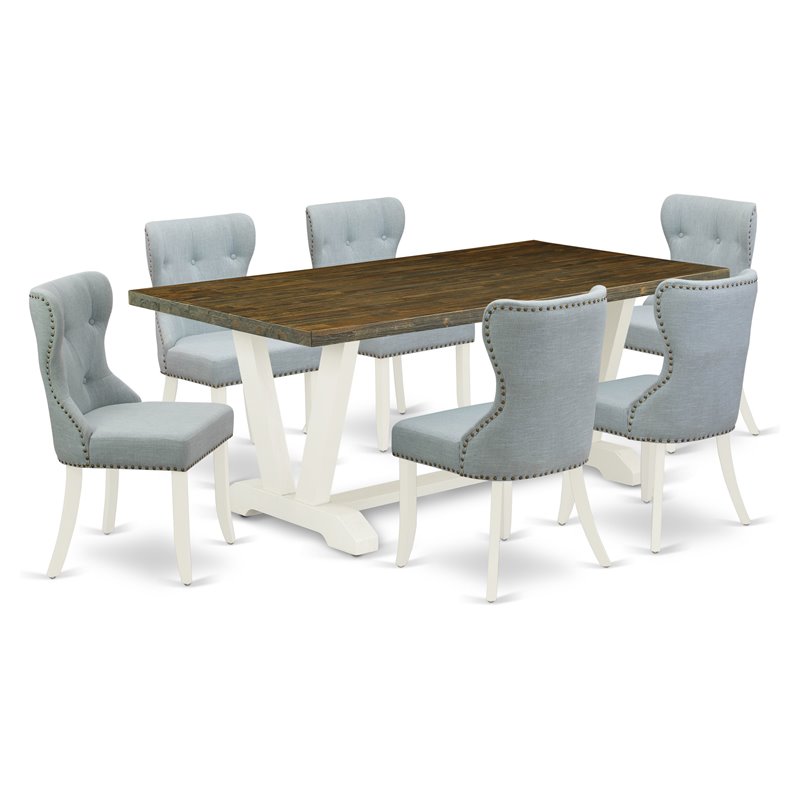 East West Furniture V-Style 7-piece Wood Dinette Table Set in White/Baby Blue