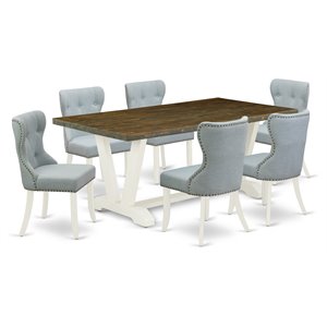 east west furniture v-style 7-piece wood dinette table set in white/baby blue