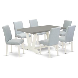 East West Furniture V-Style 7-piece Wood Dining Set in Linen White/Cement/Blue