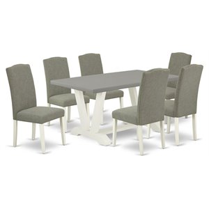 East West Furniture V-Style 7-piece Wood Dining Set in White/Dark Shitake/Cement