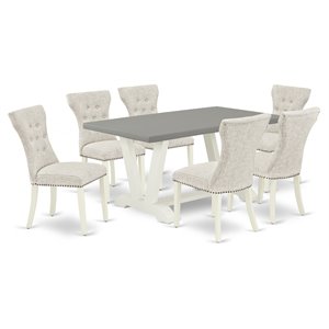 East West Furniture V-Style 7-piece Wood Dining Set in White/Doeskin/Cement
