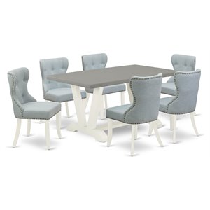 East West Furniture V-Style 7-piece Wood Dining Set in White/Baby Blue/Cement