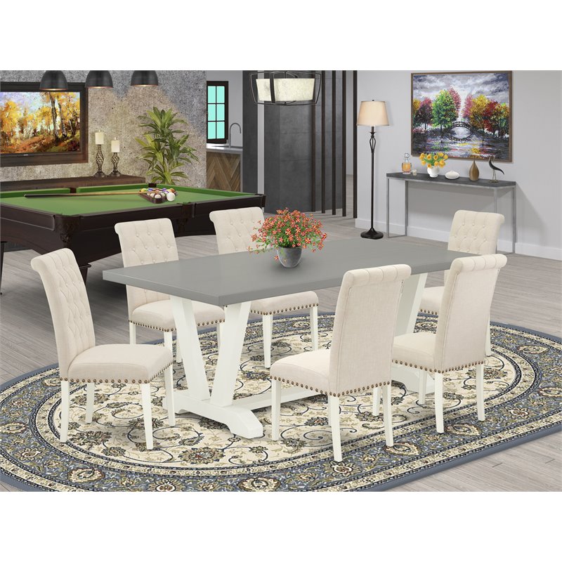 East West Furniture V-Style 7-piece Dining Table Set in White/Light Beige/Cement