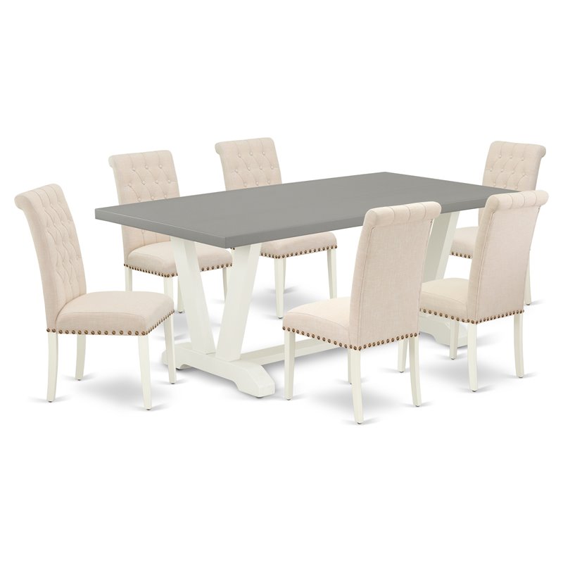 East West Furniture V-Style 7-piece Dining Table Set in White/Light Beige/Cement