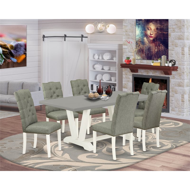 East West Furniture V-Style 7-piece Wood Dinette Set in Linen White/Smoke