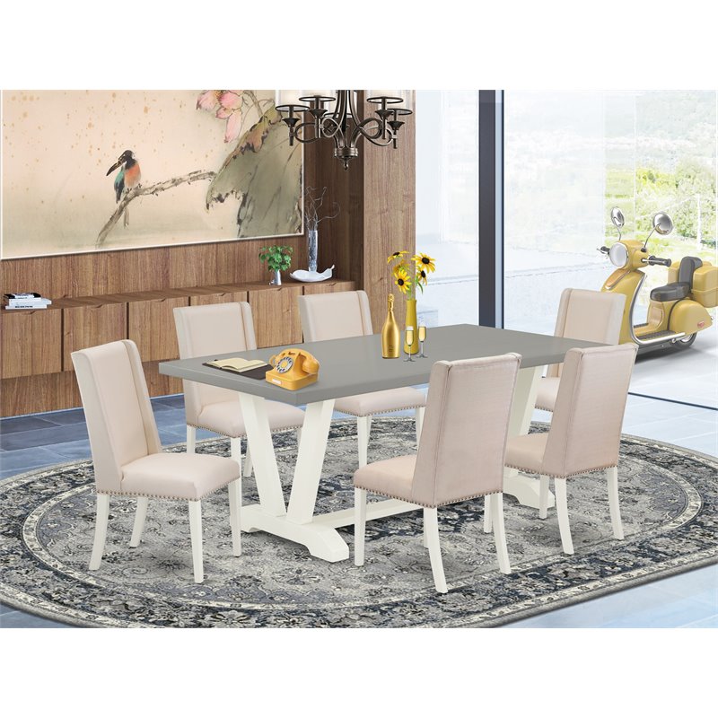 East West Furniture V-Style 7-piece Wood Dining Table and Chairs in White/Cream