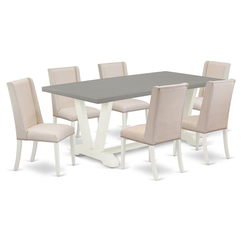 East West Furniture V-Style 7-piece Wood Dining Table and Chairs in White/Cream