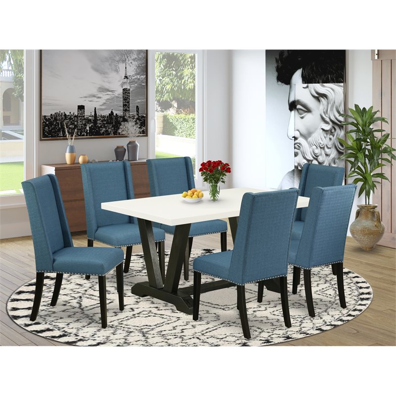 East West Furniture V-Style 7-piece Wood Dining Table Set in Black/Mineral Blue